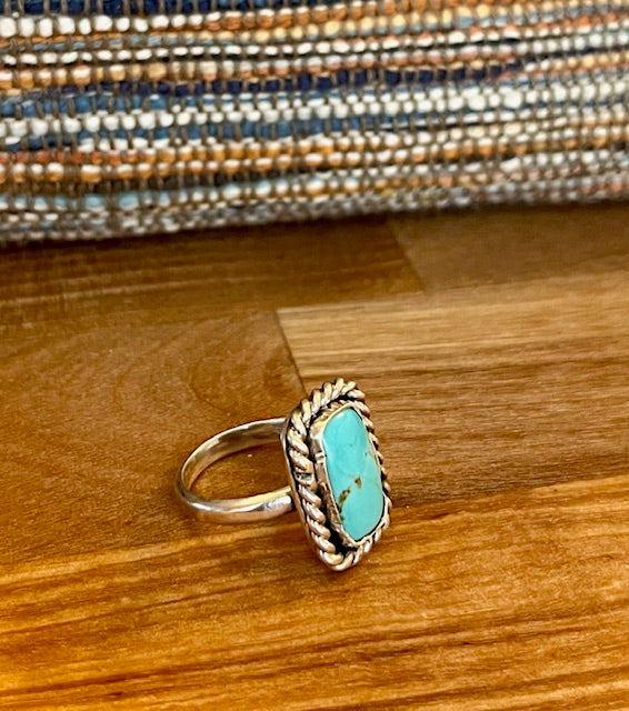 Handcrafted rectangular "#8" turquoise silver ring