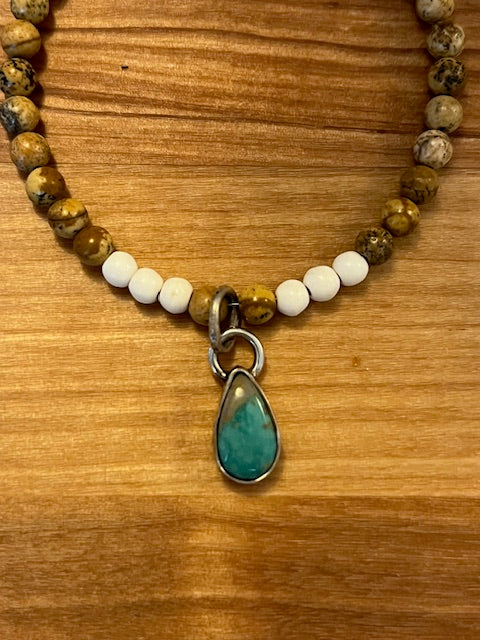 Jasper beaded bracelt with turquoise charm