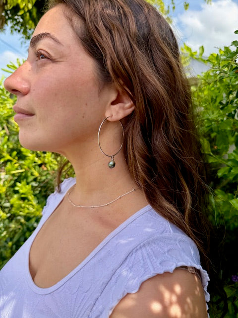 Sterling silver large hoop earrings with tahitian pearl charm