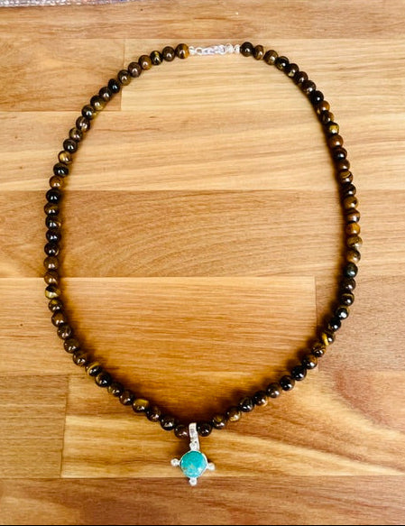 Tiger eye necklace with turquoise charm