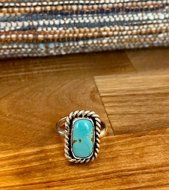 Handcrafted rectangular  "#8" turquoise silver ring