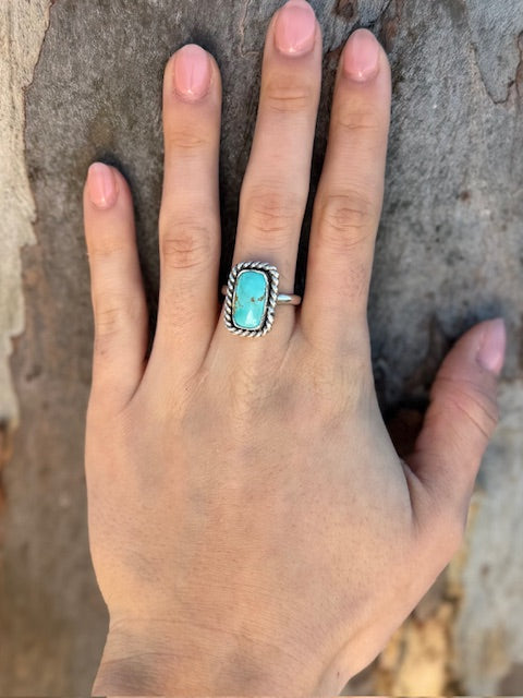 Handcrafted rectangular  "#8" turquoise silver ring
