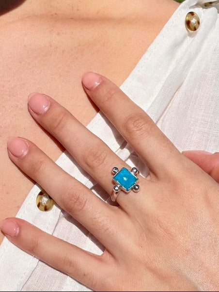 Handcrafted rectangle "kingman"  turquoise silver ring