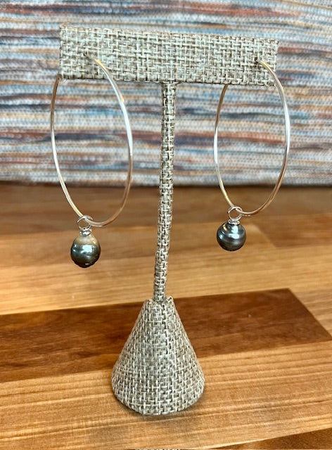 Sterling silver large hoop earrings with tahitian pearl charm