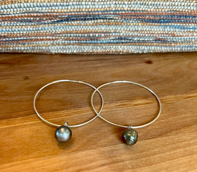Sterling silver large hoop earrings with tahitian pearl charm