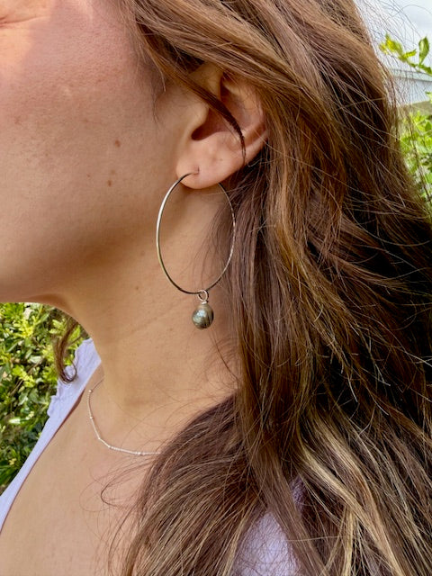 Sterling silver large hoop earrings with tahitian pearl charm