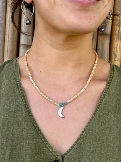 Shell bead necklace with Sterling silver "Moon" charm