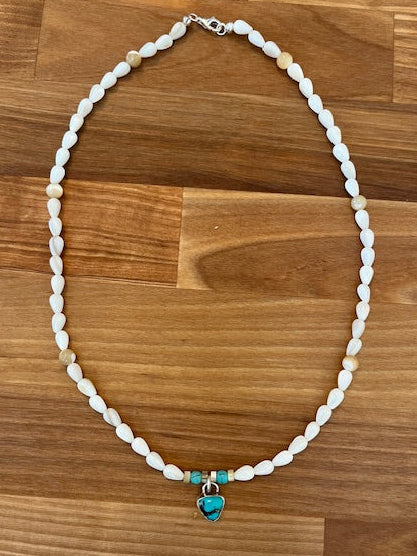 Shell bead necklace with "Kingman" turquoise charm