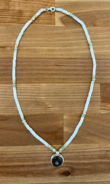 Shell bead necklace with turquoise pendant