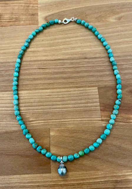 Turquoise beaded choker with Tahitian pearl charm
