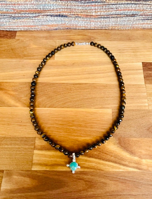 Tiger eye necklace with turquoise charm